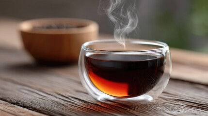 Fototapeta premium Steaming Tea in a Glass Cup: A captivating close-up of a glass teacup, filled with freshly brewed, steaming tea, resting on a rustic wooden surface, alongside a bowl of tea leaves.