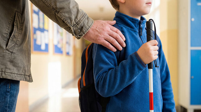 Man giving emotional support to his blind son before class in school hallway, putting his hand on his shoulder - Inclusive education concept