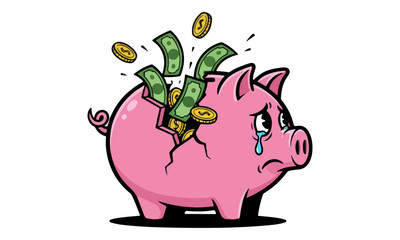 Obraz premium Broken Piggy Bank Crying Vector with Money Splashing Out