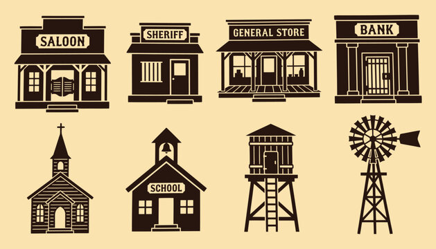 Old Western Town Building Silhouettes Vector Icon Set
