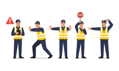 Obraz premium Safety Officer Poses Set: Stop Sign, Warning, Traffic Control Gestures