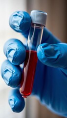 Close-up of blue gloved hand with blood test tube,  clinic,  science