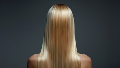 Fototapeta premium Long, straight blonde hair cascading down the back against a dark background showcasing smooth and shiny textures