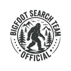 Retro Bigfoot Search Team logo design featuring a silhouetted creature and forest mountains
