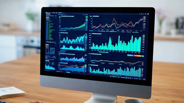 Computer monitor displaying financial data charts