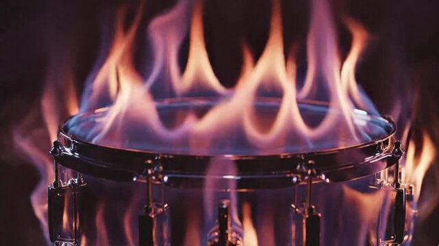 A chrome snare drum is dramatically engulfed in vibrant, dancing flames, displaying a mesmerizing array of blue, purple, and orange hues against a dark background. The intense fire reflects dynamicall