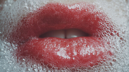 Fototapeta premium Foamy lips macro beauty concept with soap bubbles texture and fresh skincare aesthetic, closeup cleansing purity theme for cosmetic advertising and hygiene design 