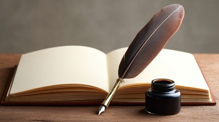 Elegant Open Notebook with Quill Pen and Ink Bottle on Wooden Table in Soft Natural Light