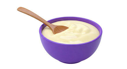 Purple Bowl with Creamy Pudding and Wooden Spoon