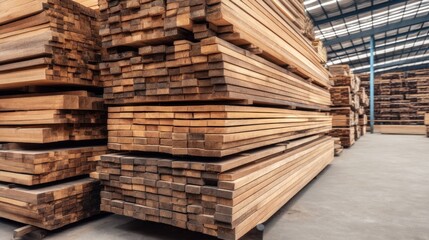 Large Stacks of Wood in a Spacious Warehouse Featuring Various Types and Textures