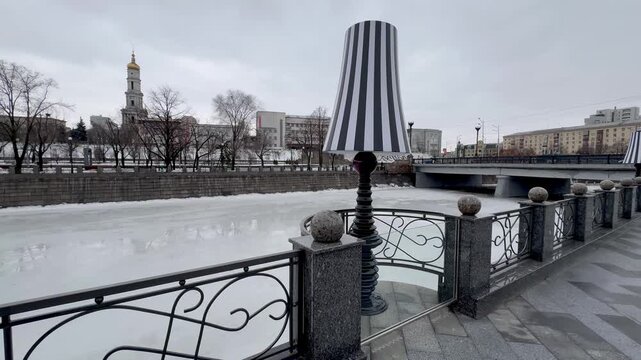 Lanterns on the river embankment in Kharkiv