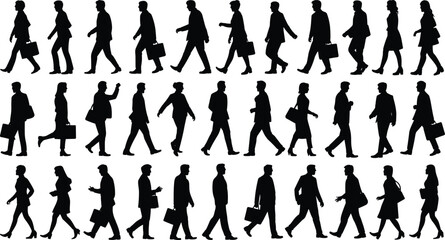 Fototapeta premium Rows of business people walking in various strides, professional silhouettes with briefcases and handbags, urban commute scene, office workers, pedestrian motion study
