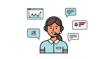 Female Customer Service Representative with Headset and Digital Support Interface Icons