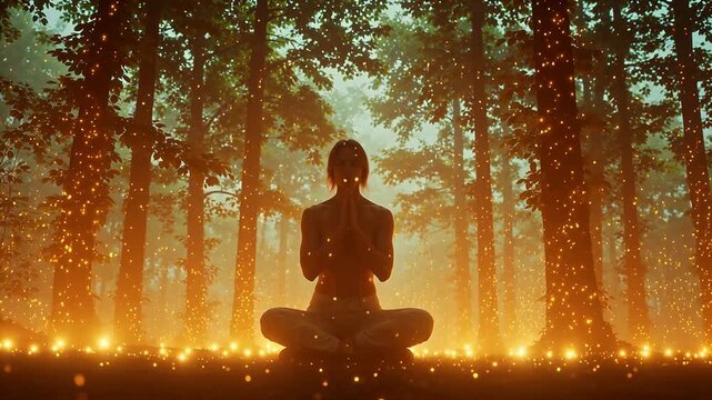 Person meditating in glowing forest