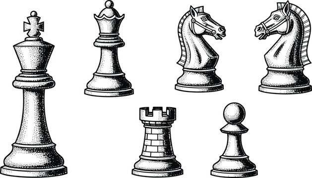Vintage chess pieces collection including king queen knight rook and pawn in engraving style