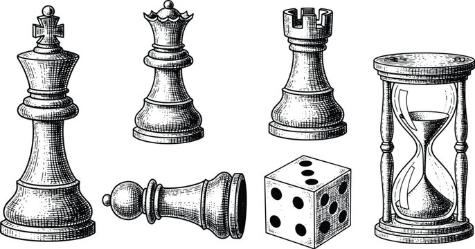 Vintage chess pieces dice and hourglass collection in detailed black and white engraving style