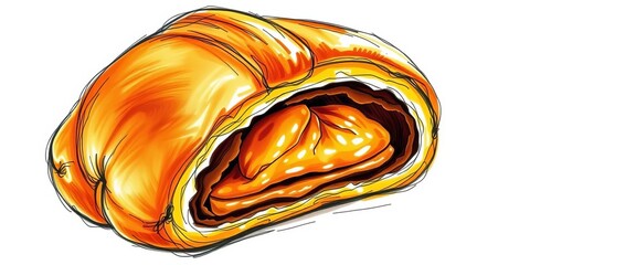 Golden-brown, flaky croissant sketch with visible layers and texture, retro, breakfast