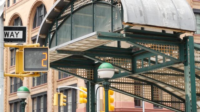 New York City old subway entrance, Franklin street and West Broadway, United States. American underground transport, Lower Manhattan Tribeca traffic. Metropolitan historic retro station, cast iron