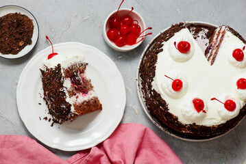Traditional German chocolate cake with cherries, Black Forest cake.top veiw