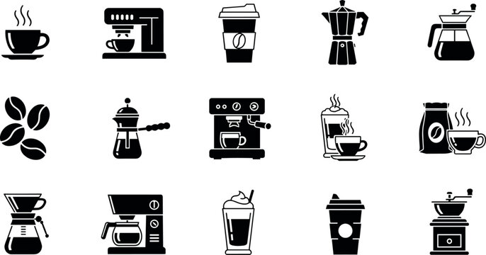 Coffee Maker and Brewing Equipment Icons Set with Espresso Machine Grinder and Cup Vector Illustration