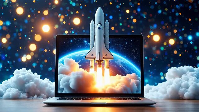 Laptop displaying rocket launch into space