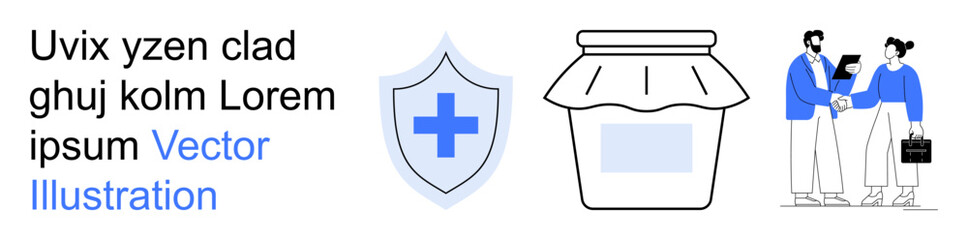 Obraz premium Healthcare, online shopping, partnership, business communication, retail, graphic design. A medical cross inside a shield, jar illustration and two people shaking hands. Healthcare and online