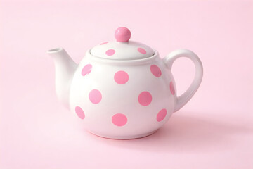 White polka dot teapot pink background cute vintage kitchenware