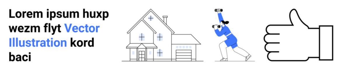 Home design, exploration, human activity, digital media, approval, modern living. Styled house, figure observing thumbs-up graphic. Home design and exploration