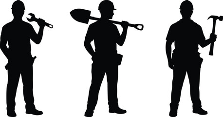 Three construction worker silhouettes holding wrench, shovel and hammer, laborer vector illustration, manual labor concept, industrial safety and craftsmanship © Sophia Creatives