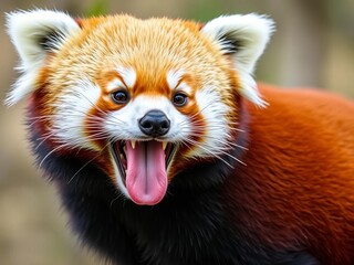 Red panda with tongue out, funny mammal from Himalayas,  shaggy tail, red panda