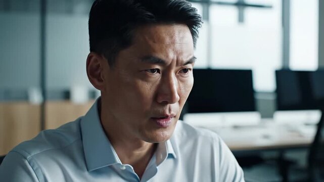 Close-up portrait of a middle-aged Asian man looking concerned while sitting in a modern office with blurred background.