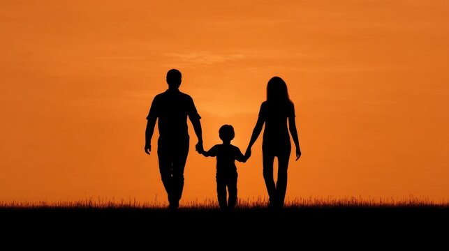 Silhouette of Loving Family Holding Hands with Child Against Beautiful Sunset Background