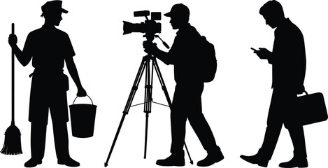 Worker, videographer, and businessman silhouettes vector set, professional people icons, black and white illustration