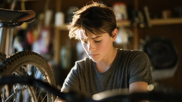 Young boy focused on repairing a bicycle in a sunlit garage workshop