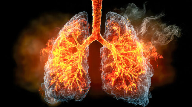 Illustration of human lungs engulfed in fiery flames and surrounded by smoke representing inflammation or respiratory distress on a dark background
