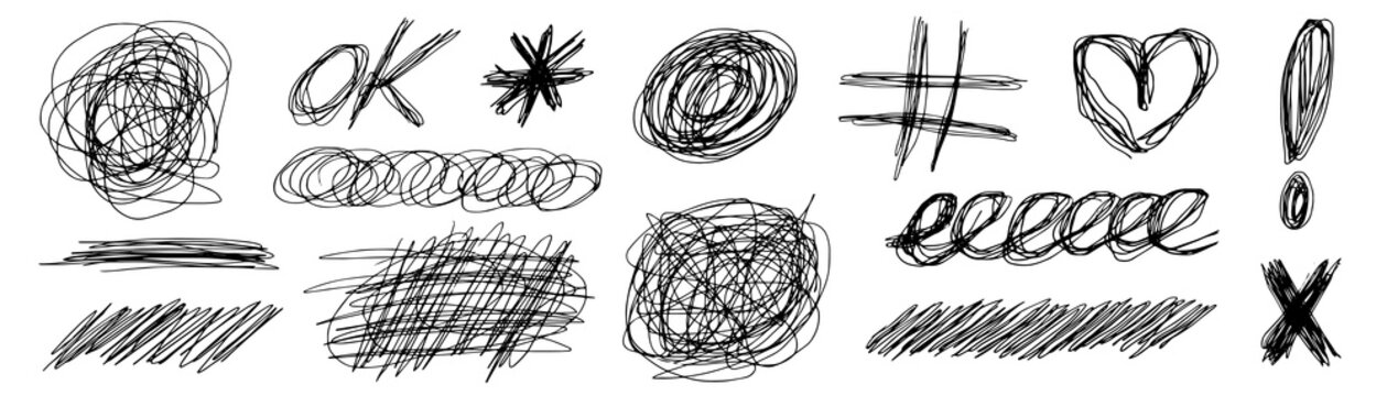 Playful messy pen scribble font with scratch texture, hand drawn doodle marker feel. Messy pen scribble strokes, scratch circles, sketch, pencil and crayon texture.