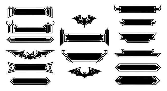 Collection of blank dark fantasy ribbons and gothic nameplates featuring cathedral arches and bat wings for rpg game user interface design elements