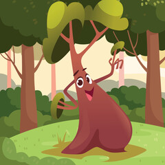 Obraz premium Cartoon tree. fantasy wood with eyes and smiled. vector background fairytale illustration