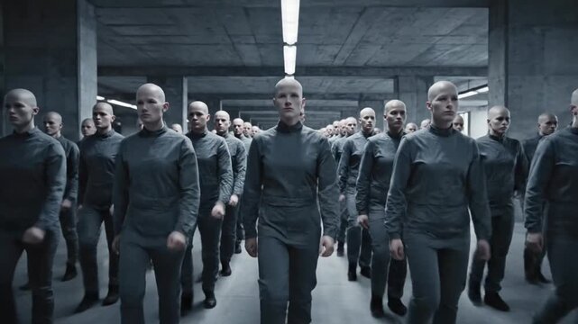 A group of uniformed men standing in formation in a dimly lit industrial room with a serious mood and monochromatic color palette.