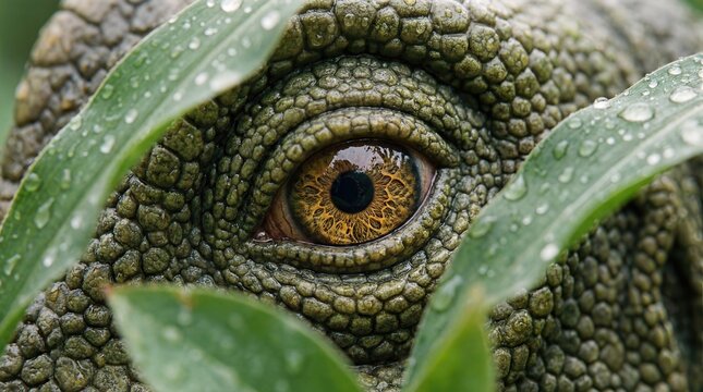 Macro View of Green Reptile Eye Peeking Through Wet Jungle Leaves