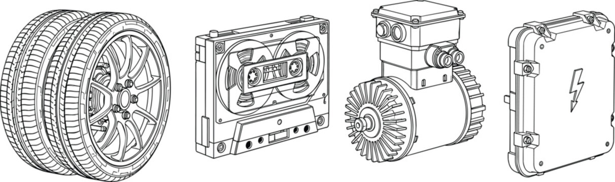 Automotive components set with car tires, cassette tape, electric motor and battery pack, black and white vector line art isolated on white background