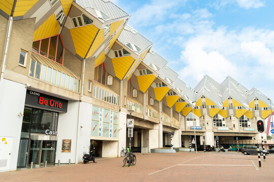 The unique yellow Cube Houses and Be One Casino building in Rotterdam