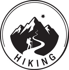 Hiking logo with hiker and mountains isolated on transparent background for outdoor activities