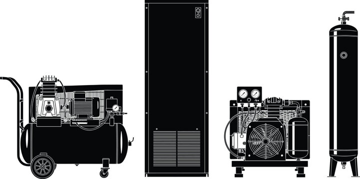 Industrial air compressor machines set, portable and stationary compressor units with air tank, black and white vector illustration isolated on white background
