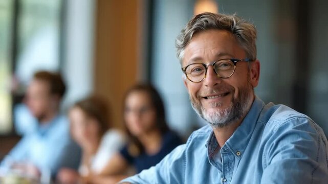 A smiling man wearing glasses and a pastel-coloured shirt creates a friendly, trustworthy backdrop for advertising campaigns focused on family values or educational projects.
