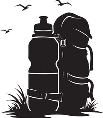 Water bottle and backpack silhouette with seagulls flying above it in a simple design