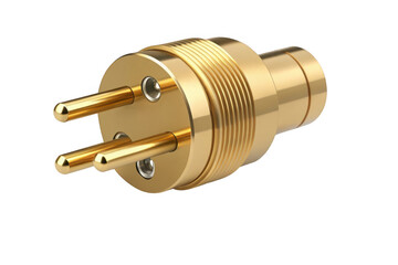 A gold colored electrical connector on a white background