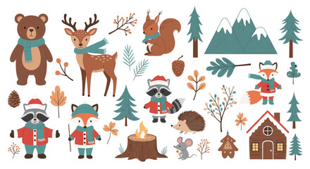 Obraz premium Comprehensive set of woodland animals and winter elements like foxes, raccoons, and bears dressed in festive holiday clothing.