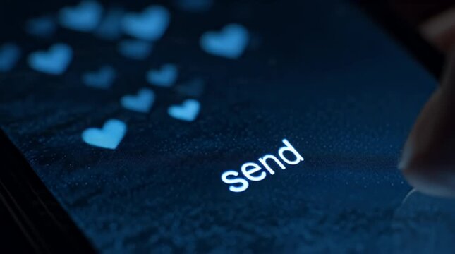 Finger pressing send on hearts screen.