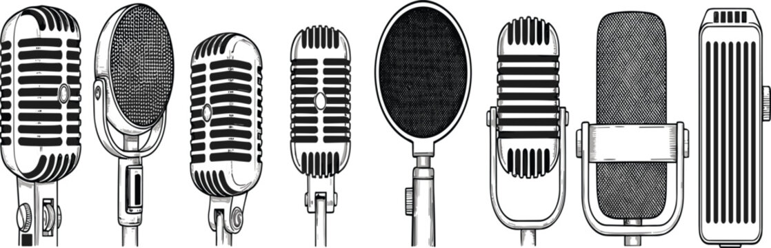 Collection of Retro Vintage Microphone Vector Illustrations Featuring Classic Studio Condenser, Ribbon, and Dynamic Mic Styles for Podcast, Radio, and Music Recording Designs